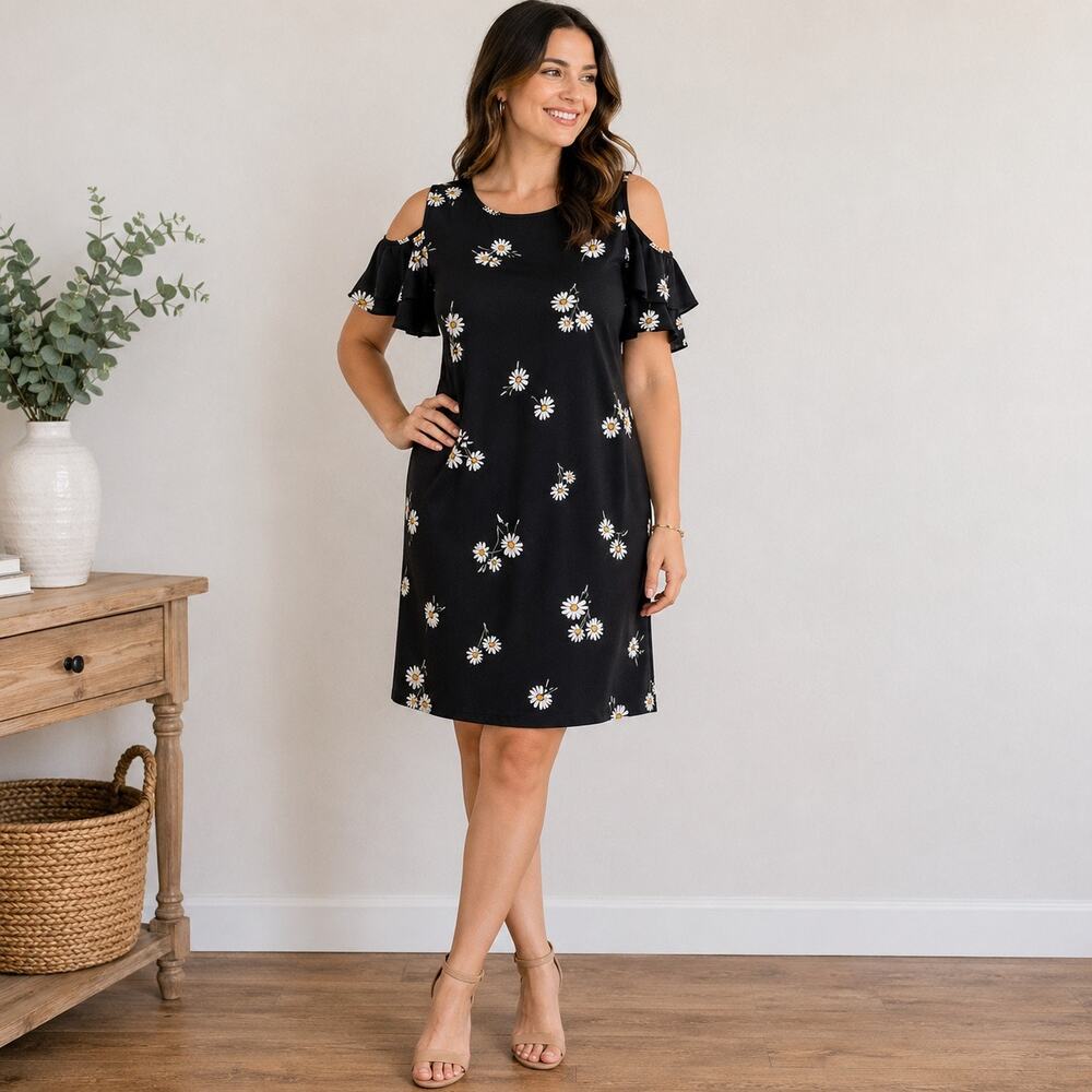 Tommy Hilfiger Black Daisy Print Cold Shoulder Ruffle Sleeve Dress Sz 2 NWT